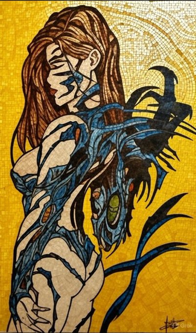 A stylized mosaic or stained-glass artwork featuring a woman with long red hair intertwined with blue and black abstract, almost alien-like forms against a bright yellow background.