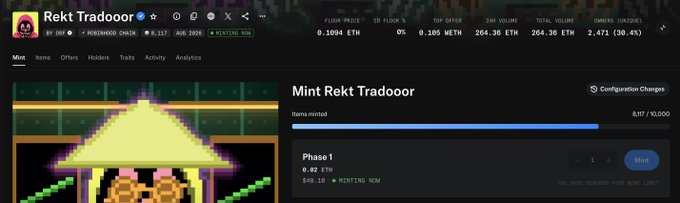 An OpenSea page for an NFT collection called "Rekt Tradooor" showing a pixel art image of a Skrillex-like character with a ginger beard, displaying a floor price of 0.1004 ETH.