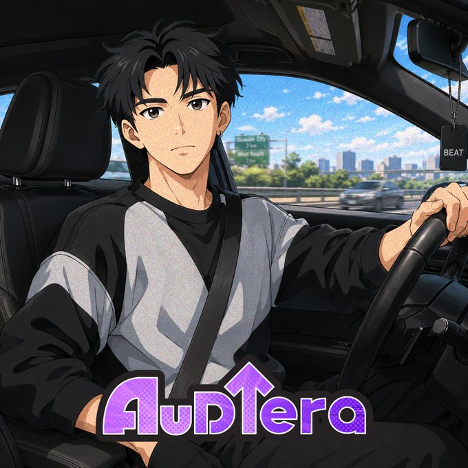 An anime-style illustration of a young man with black hair driving a car, wearing a black and white shirt and seatbelt, with the stylized purple text 'AupTera' overlaid at the bottom.
