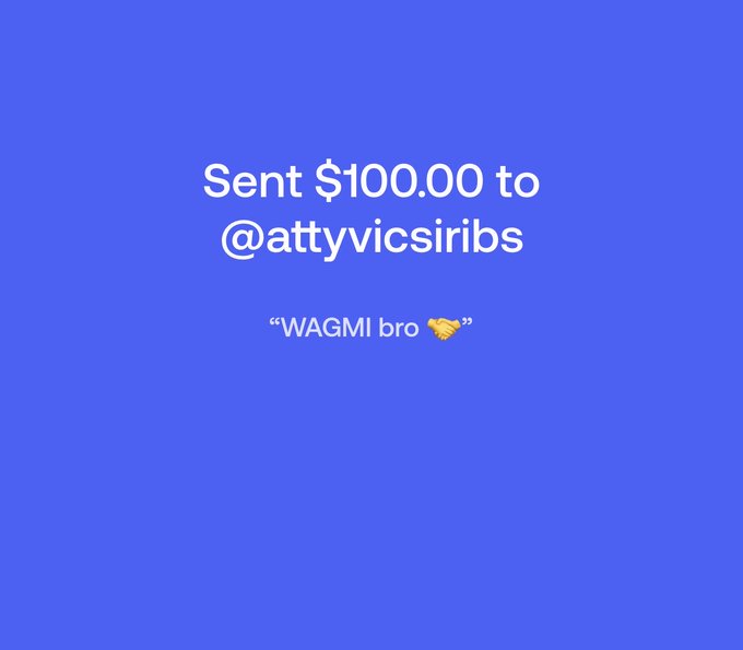 A blue screenshot shows a $100.00 payment sent to @attyvicsiribs with the message "WAGMI bro 🤝," visually confirming the community giveaway announcement celebrating the top #1 trader on FOMO.