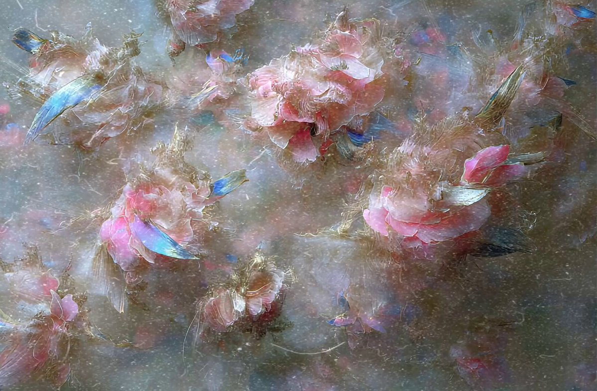 The image features a close-up view of pink flowers with blue accents, creating an abstract and surreal effect. The flowers are scattered throughout the frame, giving the impression that they are floating or floating through space. The background appears to be a light gray color, which contrasts with the vibrant pink and blue hues of the flowers. The image is titled "gm friends! terra Concordia" in the caption box, suggesting it may have been created by someone named Terra Concordia.