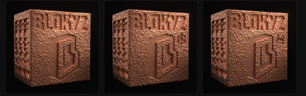 Three identical 3D-rendered cubes with a textured bronze appearance, featuring the word "BLOCKYZ" and a large "B" emblem.