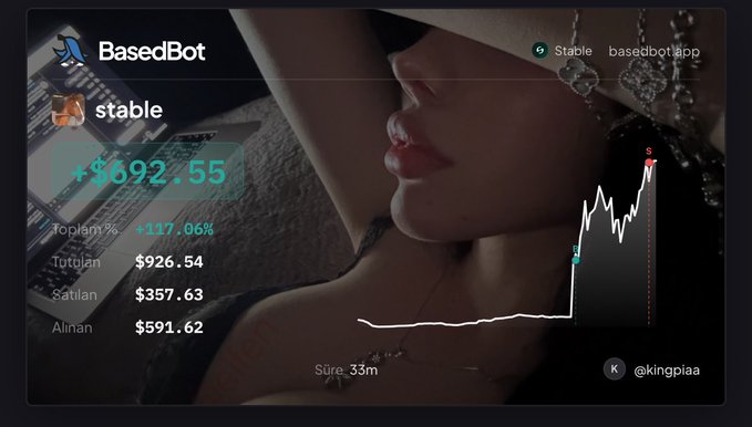 The image displays a trading dashboard showing "BasedBot" tracking the token "stable" at $692.55 with a +117.06% gain, alongside a stylized portrait and line chart visualization. The enthusiastic post celebrating "stable" aligns with the dashboard's prominent display of the token's impressive price surge.