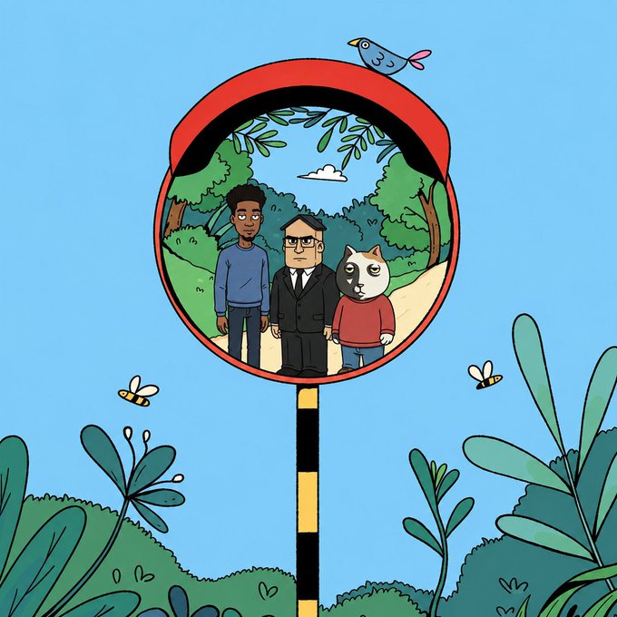 The illustration depicts three characters—a young man, a man in a suit with glasses, and a cat in a red shirt—standing on a forest path, framed within a round convex traffic mirror with a black and yellow striped pole. A small bird perches atop the mirror while bees and lush greenery surround the scene, capturing the whimsical essence of "a beautiful day to live in Sol Angeles."