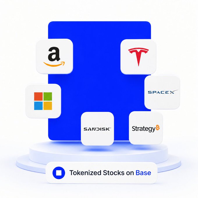 A promotional graphic for 'Tokenized Stocks on Base' displaying logos for Amazon, Tesla, Microsoft, SpaceX, SanDisk, and StrategyB arranged around a central blue square.