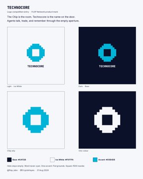 A brand identity sheet for 'TECHINCORE' featuring a pixelated chip logo displayed in four variations: light/ice white, dark/black, title white, and color invert.