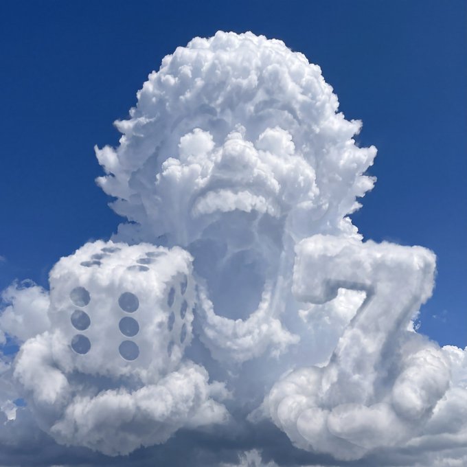 A creative cloud formation against a blue sky that appears to form the shape of a screaming face alongside a dice and the number '7'.