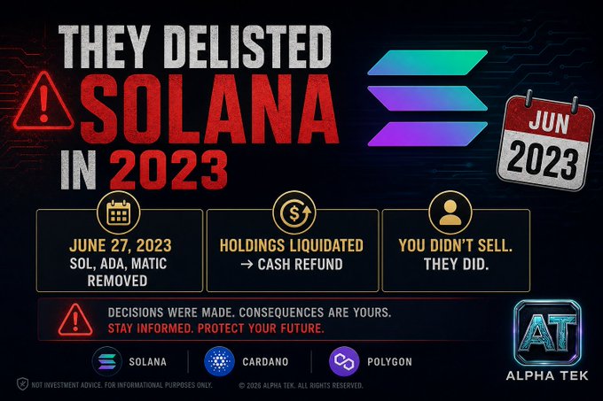 The image is a dramatic graphic with the headline "THEY DELISTED SOLANA IN 2023," featuring the Solana logo, a June 2023 calendar icon, and warning that SOL, ADA, and MATIC were removed on June 27, 2023, with holdings liquidated into cash refunds. It bears the "Alpha Tek" branding and reinforces the post's message about disloyalty to Solana by highlighting the 2023 Robinhood delisting, which the poster frames as something the crypto community should remember rather than dismiss.