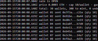 The image shows a console log from a crypto minting tool at 0.0003 ETH per mint, displaying successful transactions for wallets 01–08 that each sent token contracts (like 0x7f3a, 0x91be, 0xbd8c7, 0x2a8f, 0x6e11, 0xb45d, 0x3c9e, 0xf8a2) with quantities of 10 tokens each. The log supports the post about successfully minting 300 tokens (30 wallets × 10 qty) via the Evolving Brokers contract on Robinhood.