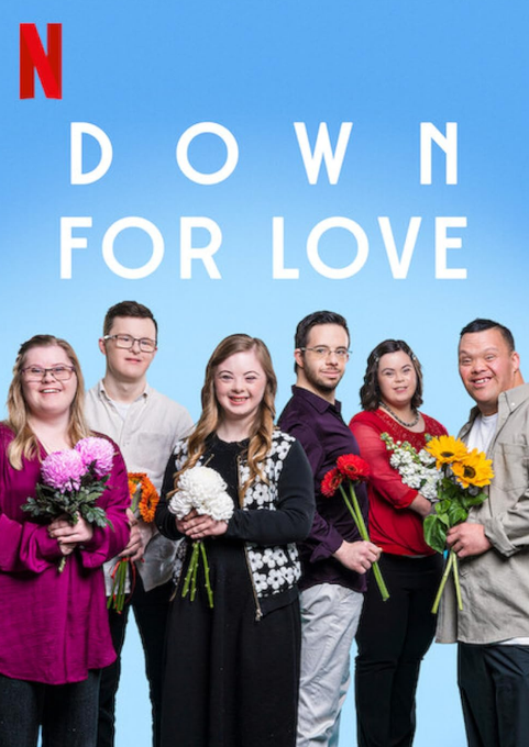 A Netflix promotional poster for 'Down for Love' featuring six adults of diverse backgrounds standing together while holding bouquets of flowers against a blue sky background.