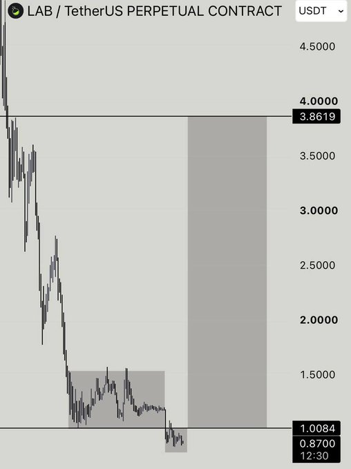 A candlestick chart for the 'LAB / TetherUS PERPETUAL CONTRACT' showing a sharp decline from 4.5 to around 0.87, with a current price of 1.0084 and a timestamp of 12:30.