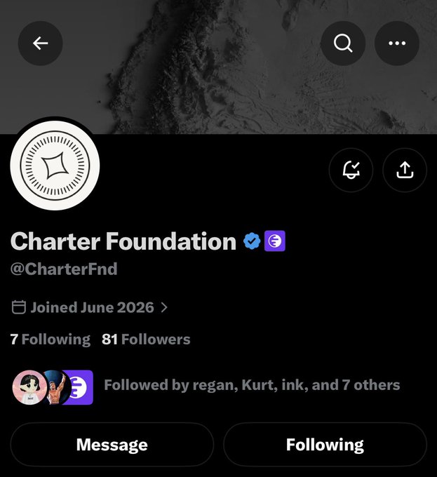 A Twitter/X profile page for 'Charter Foundation' (@CharterFnd), joined June 2026, following 7 accounts with 81 followers, followed by regan, Kurt, ink, and 7 others, displayed over a dark mountain landscape header.