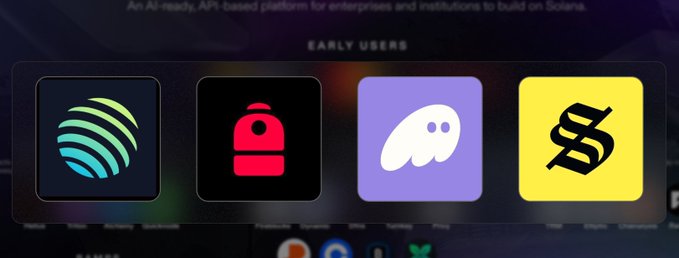 The image shows a webpage section titled "EARLY USERS" displaying four company logos: Jupiter (green swirl), Phantom (red backpack icon), a purple ghost-like logo, and a yellow "S" logo. The page appears to promote "An AI-ready, API-based platform for enterprises and institutions to build on Solana," showcasing prominent Solana ecosystem partners that align with the post's mention of various wallet capabilities.