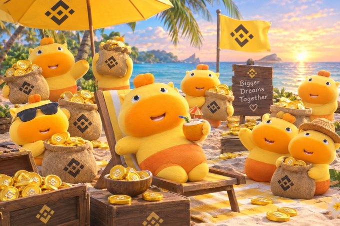 An illustrated scene of cartoon orange mascot characters relaxing on a beach with bags of Binance (BNB) cryptocurrency coins and a sign reading 'Bigger Dreams Together'.