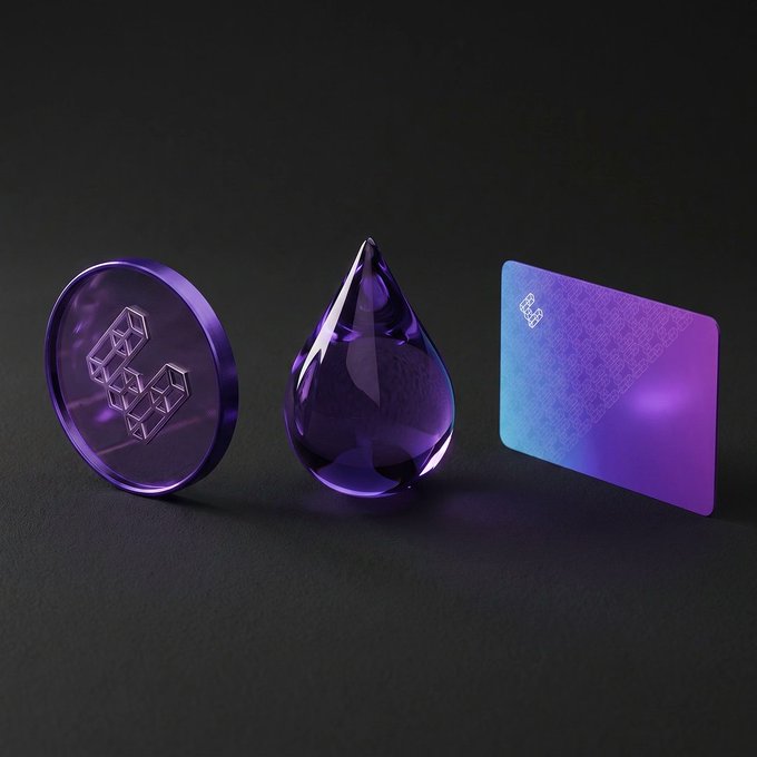 Three purple-hued translucent objects—a geometric coin embossed with a stylized "Z"-like symbol, a faceted water droplet, and a gradient card marked with "S&P 500"—are arranged on a dark surface, visually representing the "Stake + Liquid + Cash" formula for spending crypto without selling.