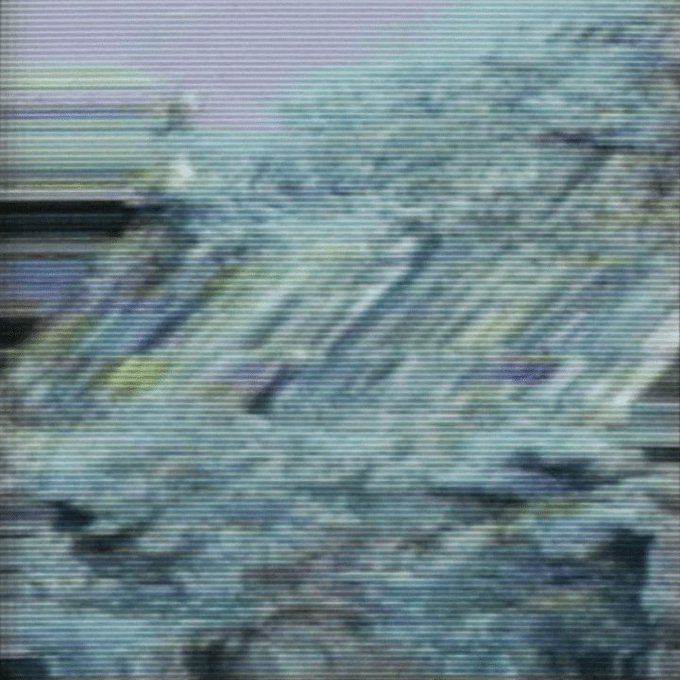 A pixelated, glitchy image showing a blurry mountain landscape with horizontal scan lines and muted blue-green tones, evoking the experimental visual style of the collaborative art piece "Dewdrop Currents."