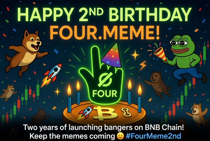 A birthday graphic reading 'HAPPY 2ND BIRTHDAY FOUR.MEME!' featuring a Four-finger hand with party hat, candles, cake with Bitcoin symbol, and meme characters, with text 'Two years of launching bangers on BNB Chain!' and hashtag '#FourMeme2nd'.