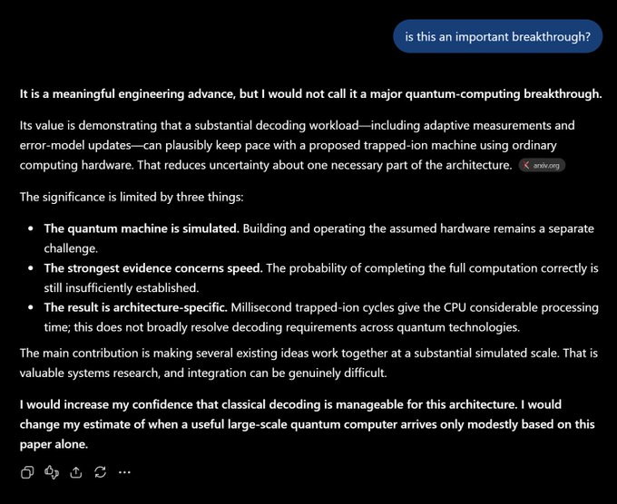 An AI chat response evaluating a quantum computing claim as a "meaningful engineering advance" but not a "major breakthrough," noting the quantum machine was simulated, evidence concerns speed rather than correctness, and results are specific to trapped-ion architecture—aligning with the post's characterization of IONQ's claims as hype.