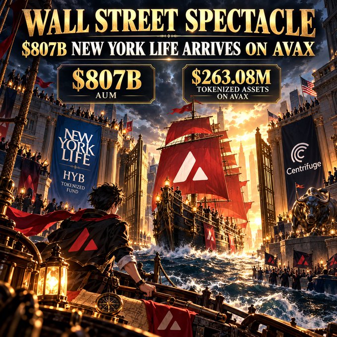 A dramatic promotional graphic titled 'WALL STREET SPECTACLE' announcing '$807B NEW YORK LIFE ARRIVES ON AVAX,' showing $807B AUM and $263.08M tokenized assets on AVAX, featuring an anime-style character watching a red-sailed ship, with banners for New York Life (HYB Tokenized Fund), the AVAX logo, and Centrifuge.