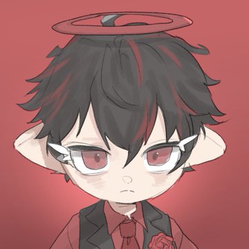An anime-style illustration of a chibi character with messy black and red hair, wearing a black suit with a red shirt, tie, and rose, alongside a black and red halo above their head.