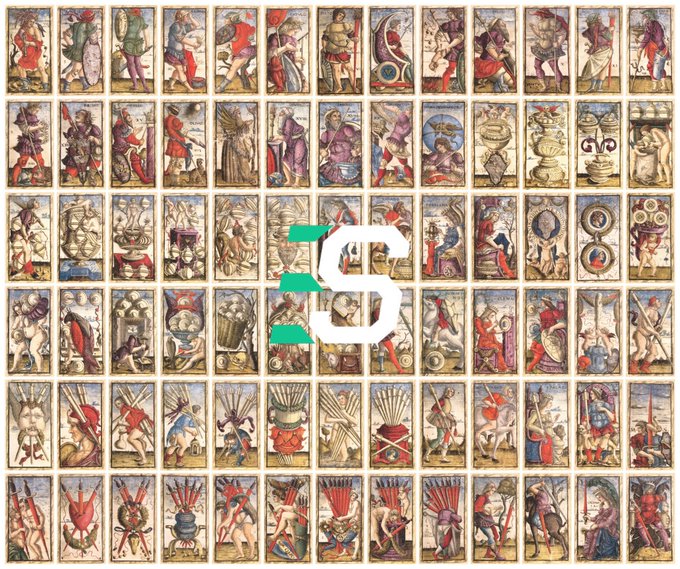 A grid of antique-style tarot cards featuring various figures and symbols, overlaid with a stylized white 'S' logo with a teal accent in the center.