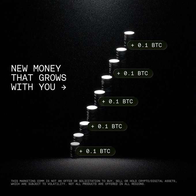 The image displays a staircase of stacked coins ascending into darkness, with each step labeled "+ 0.1 BTC," alongside the headline "NEW MONEY THAT GROWS WITH YOU." It visually reinforces the post's message about using OKX's Recurring Buys feature to consistently accumulate Bitcoin through a dollar-cost averaging (DCA) strategy.