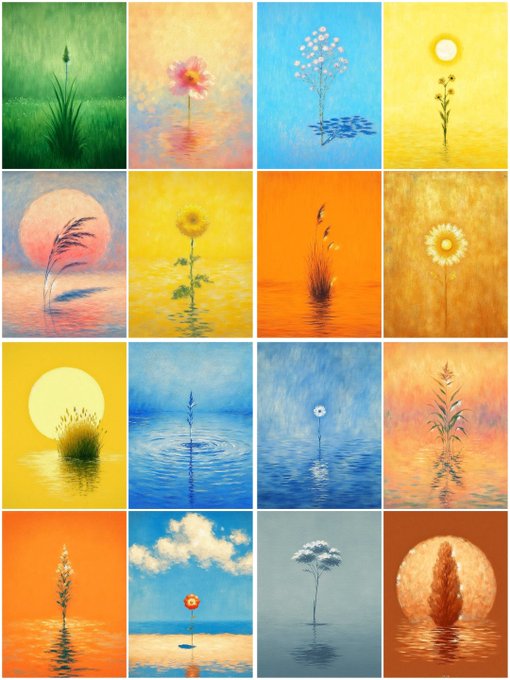 The image features a collection of twelve different paintings depicting various types of flowers and plants. The paintings are arranged in two rows with four paintings each. Each painting showcases a unique depiction of flowers, including sunflowers, daisies, and other colorful blooms. The colors used in the paintings range from bright yellows to soft pastels, creating a visually appealing and diverse collection that celebrates the beauty of nature.
