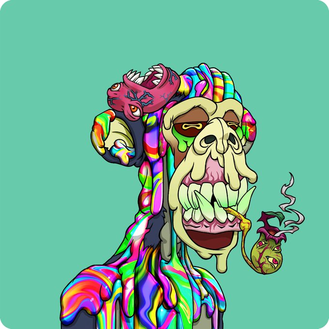 A vibrant, psychedelic cartoon zombie character with rainbow-colored slime dripping from its face, smoking what appears to be a spliff with smaller monstrous creatures emerging from its body.