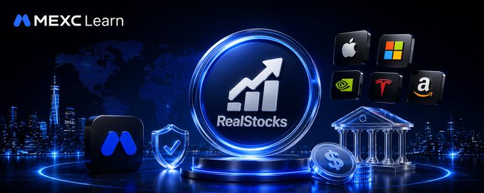 A promotional graphic for "MEXC Learn" features a "RealStocks" badge, tech company logos (Apple, Microsoft, NVIDIA, Tesla, Amazon), and a city skyline background.