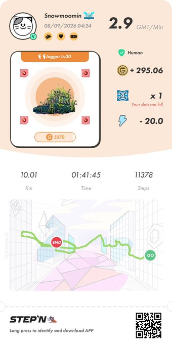 STEPN fitness app screenshot showing a user named 'Snowmoomin' earning 2.9 GMT/Min with 295.06 GST, a Jogger Lv.30 sneaker, and stats of 10.01 km and 11,378 steps.