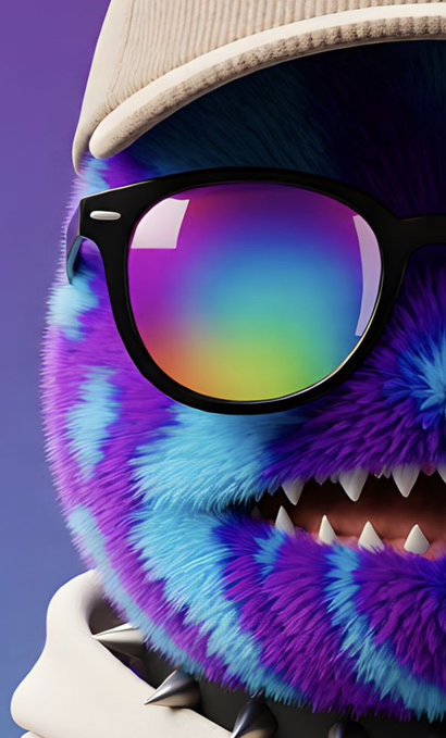 3D rendered illustration of a fluffy blue and purple monster character wearing rainbow-reflective sunglasses and a spiked white collar.