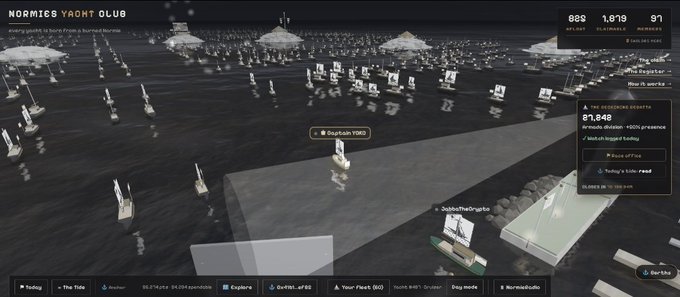 A screenshot from Normies Yacht Club website showing a dark ocean scene filled with yachts, displaying stats including 889 YACHT, 1,019 VILLAHALS, and 97 MEMBERS, with an annual reunion event ticket costing 87,848 displaying on the right side.