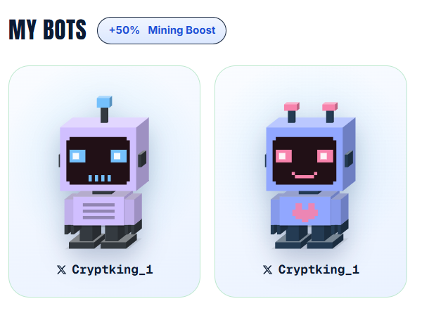 The image shows two pixel-art NFT bots on a “MY BOTS” page with a “+50% Mining Boost” badge, both labeled “X Cryptking_1.” It illustrates the newly minted Conso bots in the user’s post about minting two @conso_xyz NFTs and entering them into a raffle.
