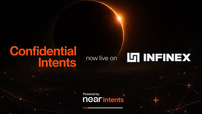 A promotional graphic featuring a dark, cosmic design with a glowing solar eclipse and orange accents announces that "Confidential Intents" is "now live on INFINEX," powered by "near intents," highlighting Infinex's new integration of confidential cross-chain trading and private account features.