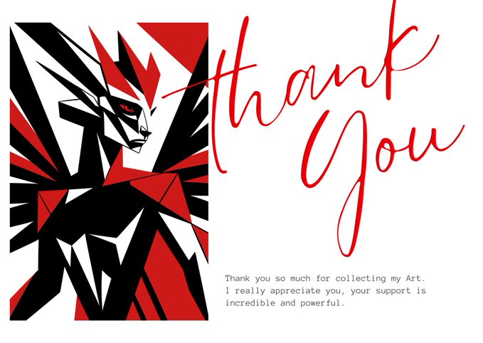 Thank you graphic featuring a stylized red, black, and white geometric portrait of a figure on the left, with handwritten-style 'thank you' text and a printed message: 'Thank you so much for collecting my Art. I really appreciate you, your support is incredible and powerful.'