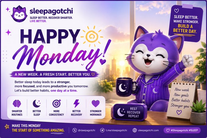 A promotional graphic for 'Sleepagotchi' wishing a 'Happy Monday!' featuring a purple cat mascot in pajamas holding a coffee mug, with text emphasizing better sleep, recovery, and building a better day.