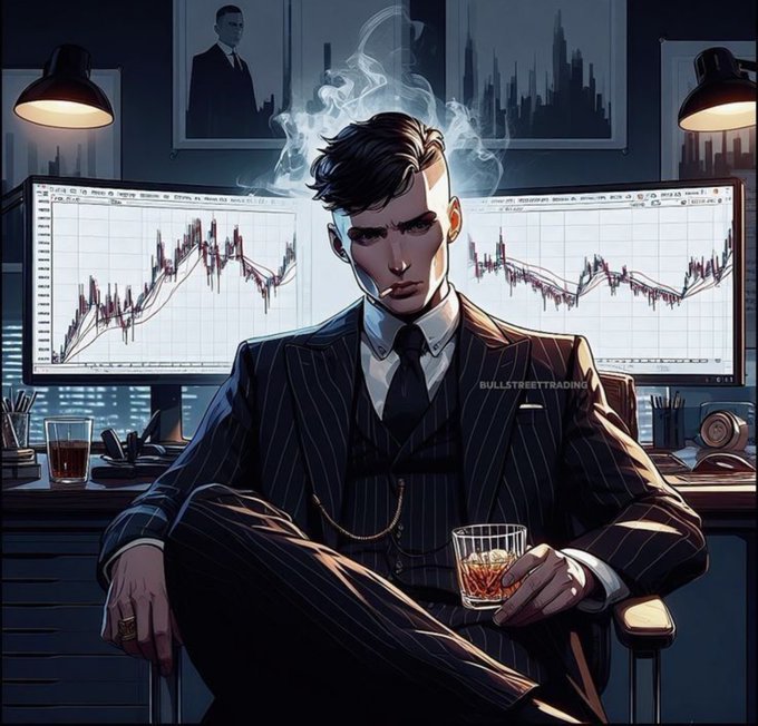 An anime/illustrated style image of a sharply dressed man in a pinstripe suit holding a glass of whiskey with a cigar, seated in front of dual monitors displaying financial trading charts, watermarked 'BULLSTREETTRADING'.