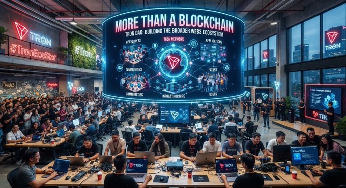 A promotional image depicts a crowded tech event or hackathon for the TRON blockchain network, featuring attendees working on laptops beneath a large digital screen displaying "MORE THAN A BLOCKCHAIN: TRON DAO: BUILDING THE BROADER WEBS EOASIER."
