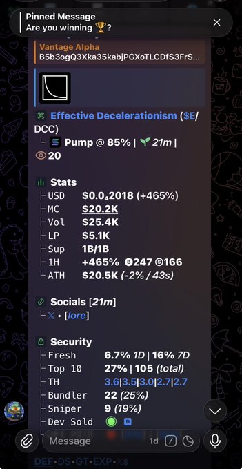 A Telegram pinned message displays stats for a token called "Effective Decelerationism ($E/DCC)" showing an 85% bonding curve progress and a market cap of $20.2K.