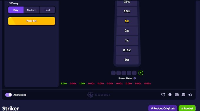 A dark-themed betting game interface labeled 'Striker' showing difficulty options (Easy, Medium, Hard), multiplier choices (0x to 25x), and a 'Place Bet' button from Roobet.