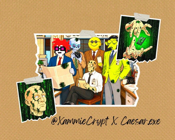 The image features a cartoon illustration of five men dressed in suits, with one man wearing a yellow suit. The men are standing around each other, and there's a green paper taped to the wall behind them. The text "XammieCrypt X Caesarrex" is written on this paper, which appears to be part of an advertisement or promotional material for a wallet service called "@Caesar_exe2026".