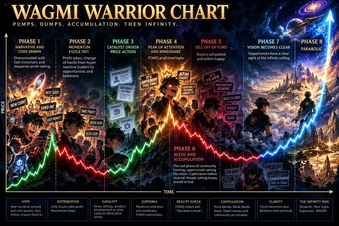 The image is an elaborate "WAGMI WARRIOR CHART" illustrating eight phases of a crypto market cycle—from "PHASE 1: NARRATIVE AND COIN SPAWN" through "PHASE 8: PARABOLIC"—plotted on a price/time graph with an upward-trending arrow, complementing the optimistic "wagmi!" sentiment by visually framing the journey to "then infinity." Key labeled phases include momentum, catalyst-driven price action, peak of attention, FOMO sell-off, a "BLEED AND ACCUMULATION" dip, and the final moments marked "I'M OUT," "I CAN'T," and "THIS IS DEAD" before the parabolic ascent.