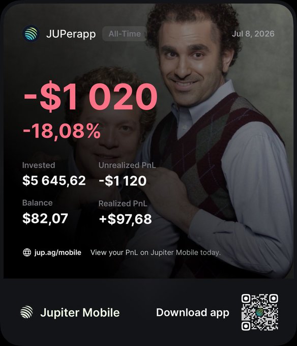 A JPerapp portfolio screenshot dated July 8, 2026, shows an "All-Time" loss of -$1,020 (-18.08%), with $5,645.62 invested, a $82.07 balance, -$1,120 unrealized PnL, and +$97.68 realized PnL, humorously overlaid on the "Step Brothers" movie poster to dramatize the painful losses being shared.