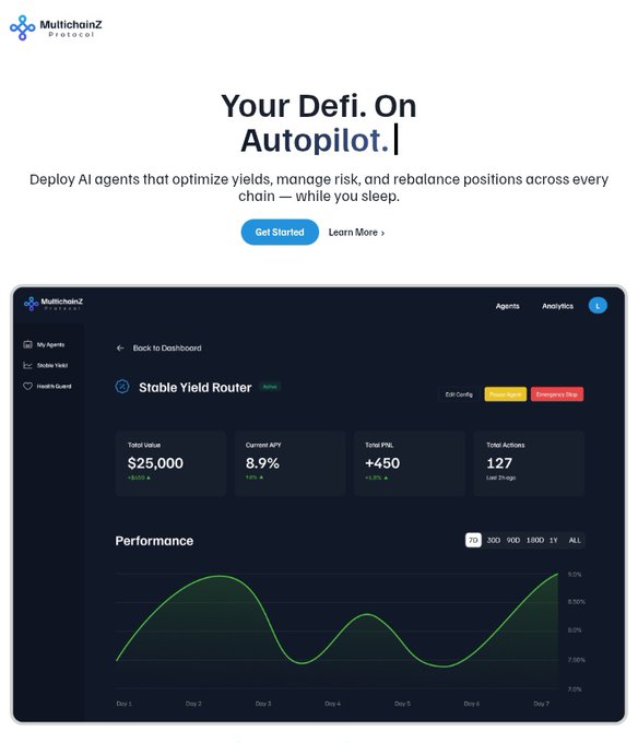 A promotional graphic for MultichainZ Protocol featuring the tagline "Your Defi. On Autopilot." with a dashboard screenshot of a "Stable Yield Router" agent showing $25,000 total value, 8.9% current APY, +450 total PNL, and 127 trade actions over a 7-day performance chart, illustrating the platform's AI agent interface that the caption advises new users to understand before letting it trade.