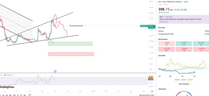A TradingView chart of DCX/Tether PERPETUAL futures on Bybit, showing a technical analysis with channels, RSI indicator at 78.95, and a price of 308.73.