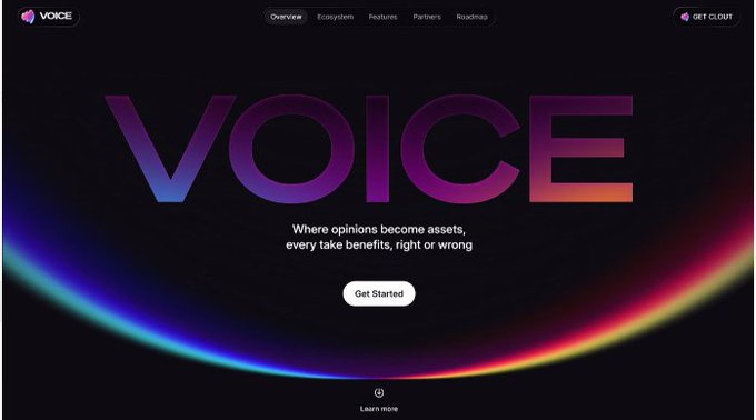A dark landing page for a platform called 'VOICE' with the tagline 'Where opinions become assets, every take benefits, right or wrong' and a 'Get Started' button, with a rainbow gradient curve at the bottom.