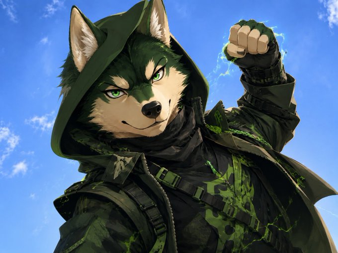 An anthropomorphic wolf in tactical gear raises a glowing green fist under a bright blue sky, projecting a fierce, intimidating gaze. The image visually represents the post's threat: a menacing wolf-dog figure ready to strike at anyone who dismisses the $WOOF token, embodying the "last thing you'll see" warning.