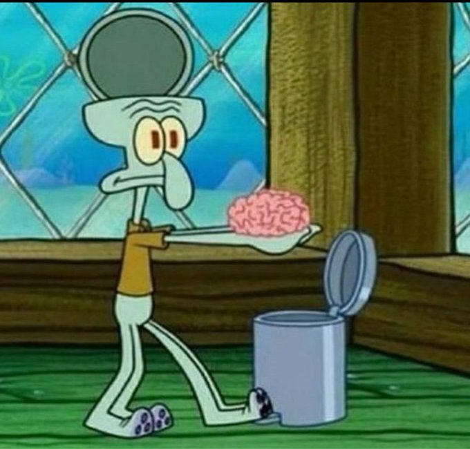 The cartoon character Squidward from SpongeBob SquarePants looking strained while holding a pink brain on a serving tray over an open trash can.
