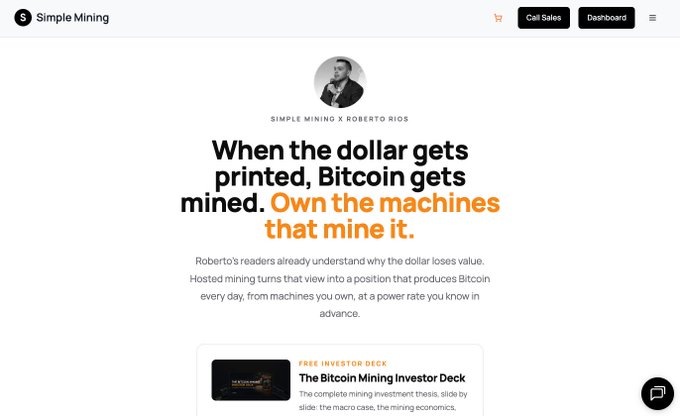 Screenshot of a webpage titled "Simple Mining" featuring a black and white portrait of a man and the heading "When the dollar gets printed, Bitcoin gets mined. Own the machines that mine it." with a section for "The Bitcoin Mining Investor Deck".