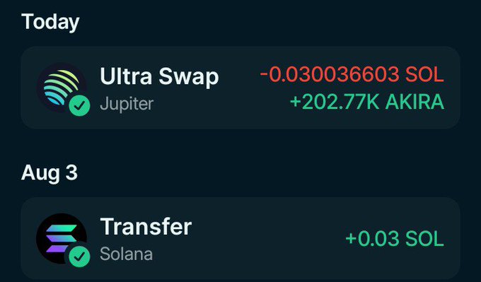 A dark-themed crypto transaction screen displays a Today 'Ultra Swap' on Jupiter with -0.030036603 SOL and +202.77K AKIRA, and an Aug 3 'Transfer' on Solana for +0.03 SOL.